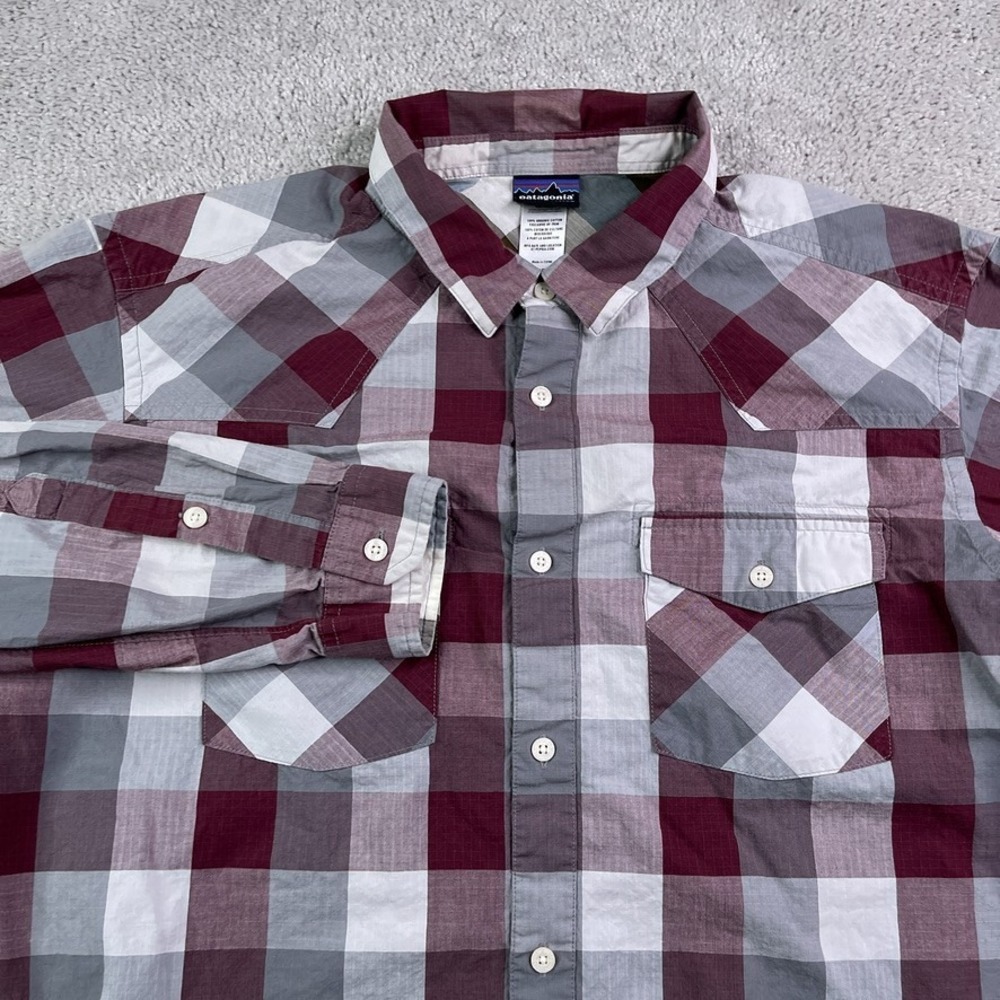 Patagonia Good Shirt Mens Large Burgundy Grey Checkered Ripstop Organic Cotton